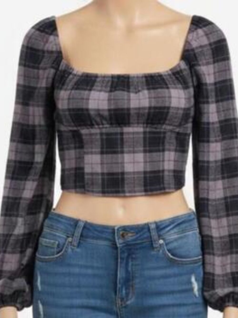 Wild Fable, Med, Plaid, Long Sleeve, Shoulder Crop Top, Smock Back, Purple‎